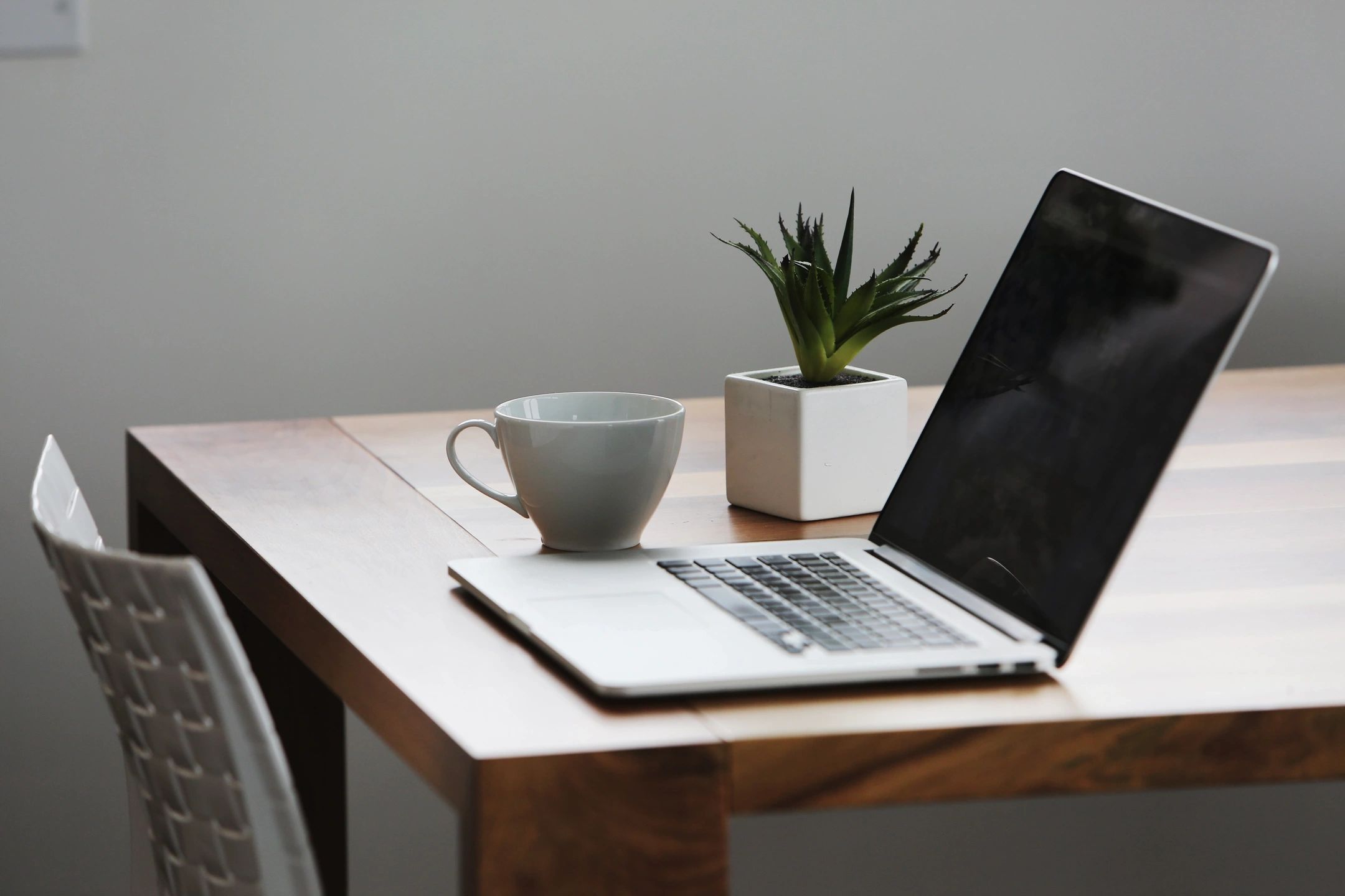 A laptop, a white coffee mug, and a small potted plant sit on a wooden table.