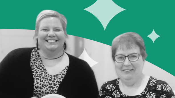 Tracey Noe-Slach stands to the right of volunteer Jeanne Brown. Both smile against a teal background with decorative stars.