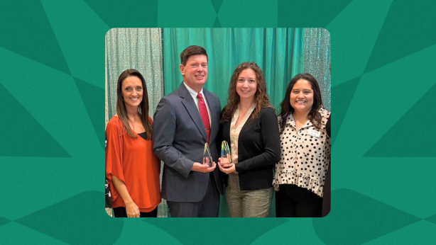 Clove Alliance Advocate Tammy L. Barragree, Moxie Award winners Ford County State’s Attorney Andrew Killian and Paralegal/Victim-Witness Coordinator Erika Kendrick, Clove Alliance Advocacy & SART Program Director Janice Eriks, smile at the camera.